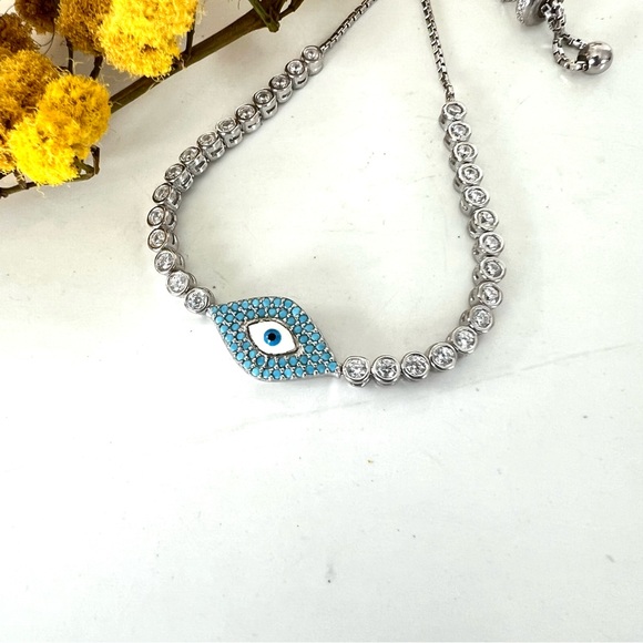EVIL EYE Dainty 925 Sterling Silver Cz Rhinestone w Enamel Adjustable Bracelet - Picture 2 of 12